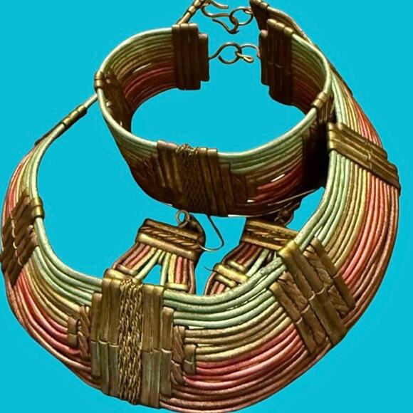 Vintage Alexis Kirk 70s Brass Leather Tribal Jewelry Set - Picture 12 of 12